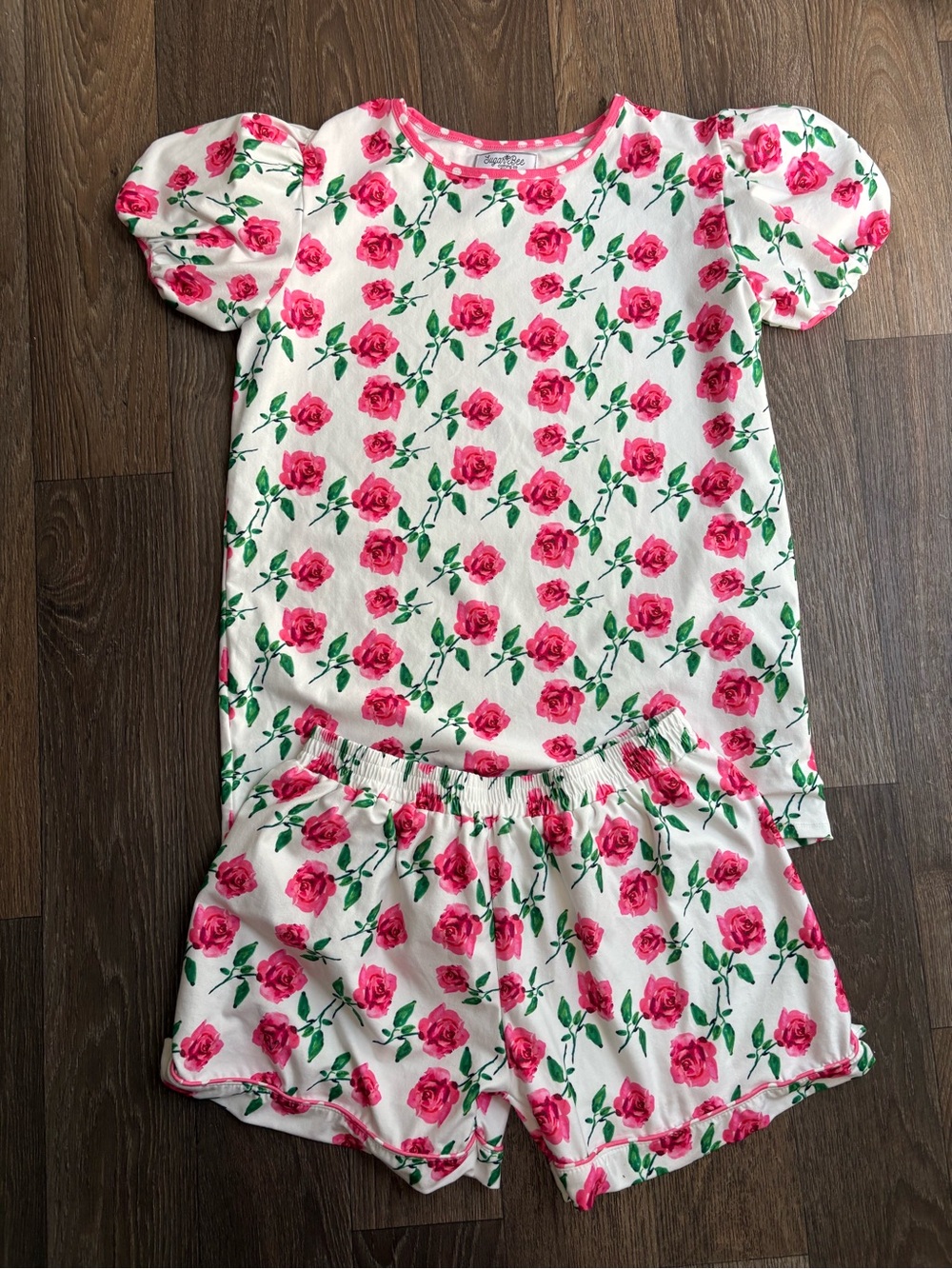 Sugar White and Pink Rose Short Sleeve Pajama or lounge  Set